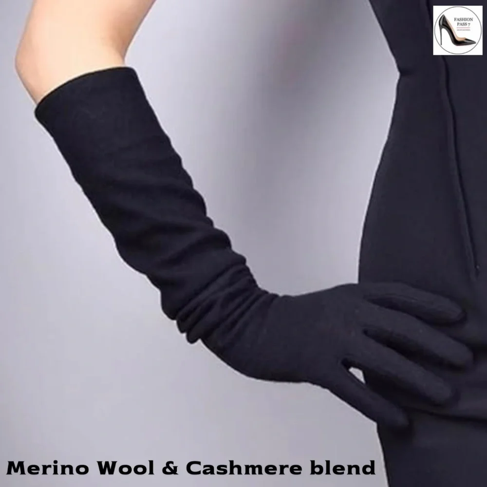 Black Long Cashmere Merino Wool Gloves Classical Elbow Length Cashmere Gloves